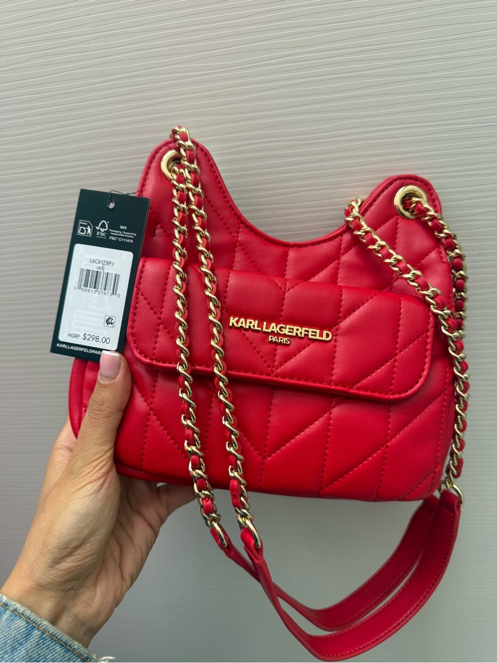 Karl Lagerfeld Red Quilted Chain-Shoulder Bag with Gold Hardware